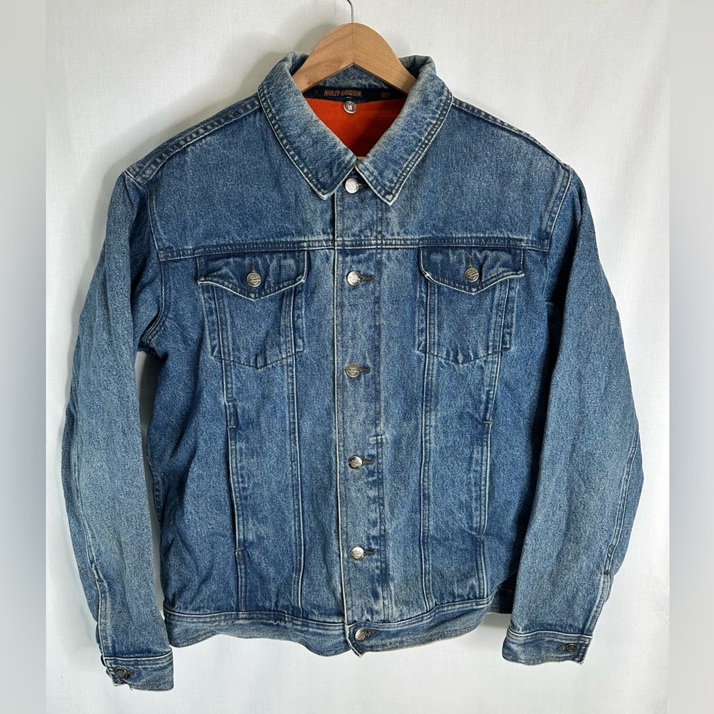 Vintage HARLEY DAVIDSON mens jean jacket Sz L V-Twin Power Fleece Liner N6 - Picture 2 of 7